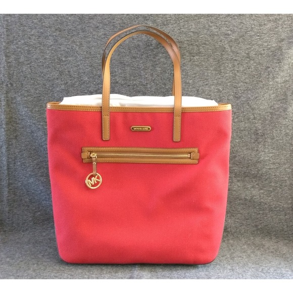 Michael Kors Kempton Tote Bag Red Canvas Tan Leather MK Charm Dbl Straps NWT NEW - Picture 1 of 16